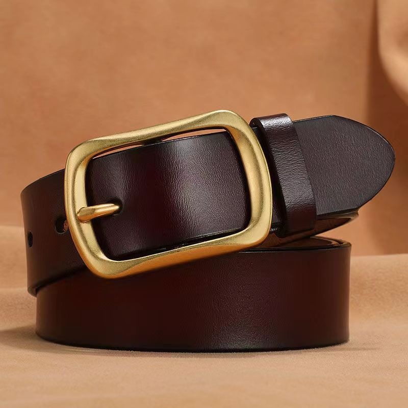 Cross-border belts, men's genuine leather pin buckle, youth casual, middle-aged belt, men's trendy, layer cowhide copper buckle, retro belt details Picture