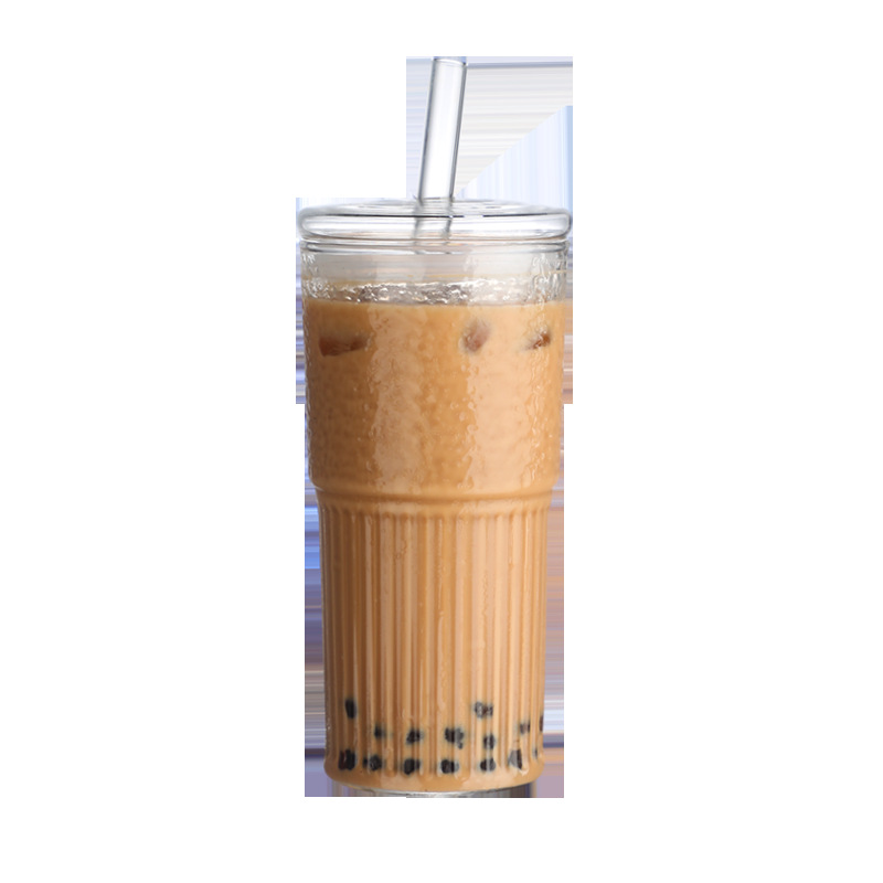 Large-capacity milk tea cold drink cup, creative glass straw cup, simple vertical pattern cup, ins high appearance level coffee cup, water cup Item Picture