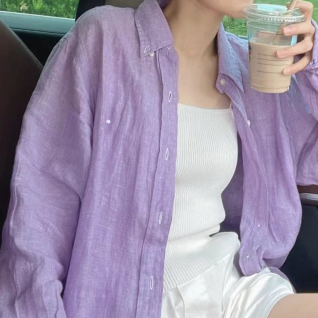 Linen shirt, thin small horse label embroidered American retro classic shirt, long-sleeved POLO collar sun-protective women's top Application Scenario