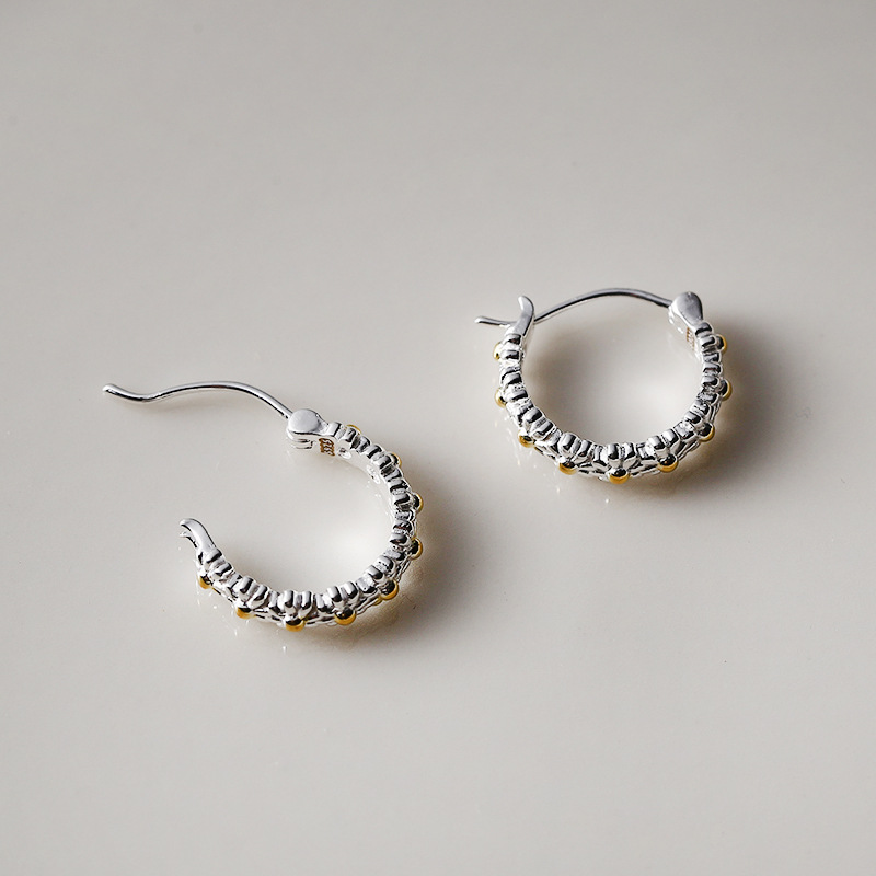 Daisy earring s925, all-silver, gold and silver color block three-dimensional geometric earrings, Instagram Little Red Book blogger style 9467A Specification image