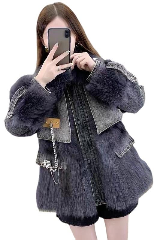 Haining faux fox fur Coat for Women 2022 Winter New mid-length denim down cotton pie Overcoming coat Item Picture