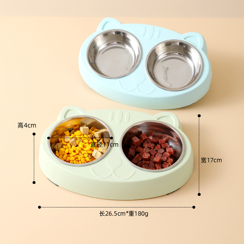 Ins-style macaron thickened export quality two-in-one pet bowl, big-eyed cute cat with stainless steel cat double bowl Specification image