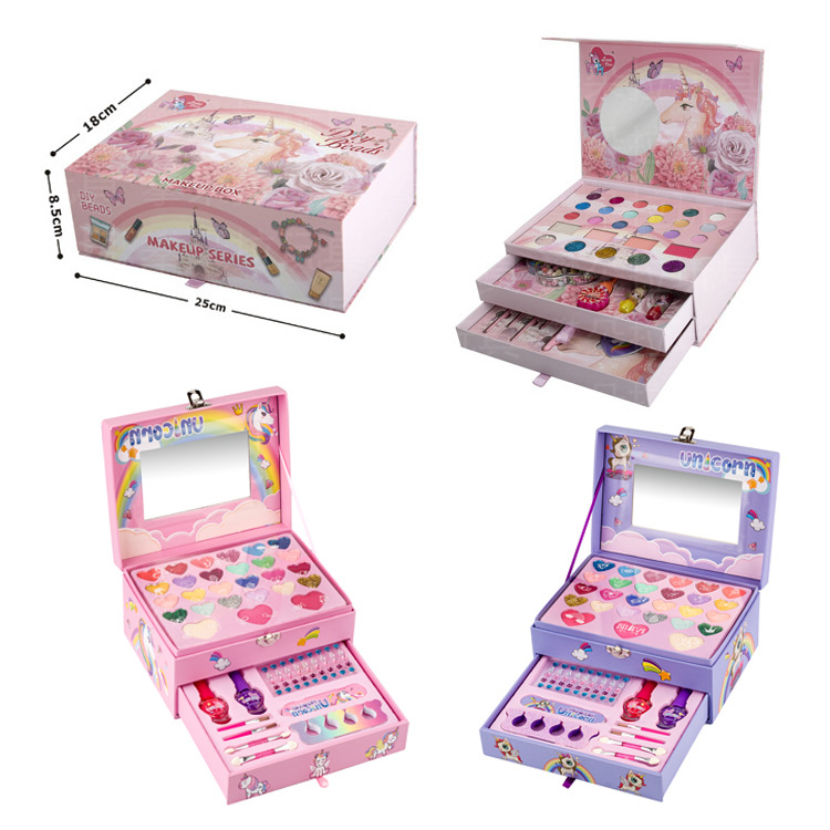 Children's makeup toys, Unicorn Makeup set, beaded eyeshadow and nail art three-in-one set gift box, play house