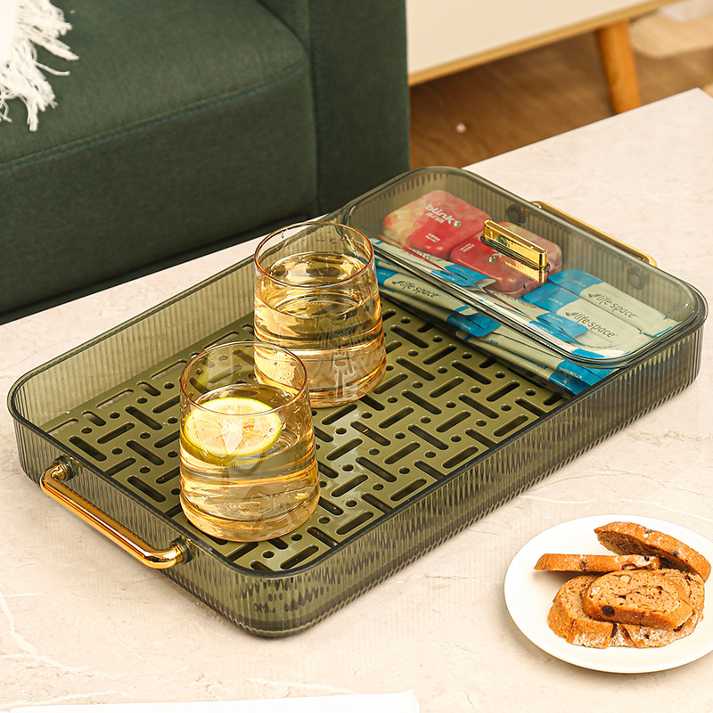 Wang Shun light luxury hollow transparent plastic tea tray multi-functional fruit tea tray rectangular double plate drain tray details Picture