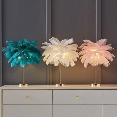 Feather desk lamp, ins, romantic and warm bedside lamp for a girl's bedroom, wedding room Internet red light, coconut tree ostrich feather floor lamp thumbnail