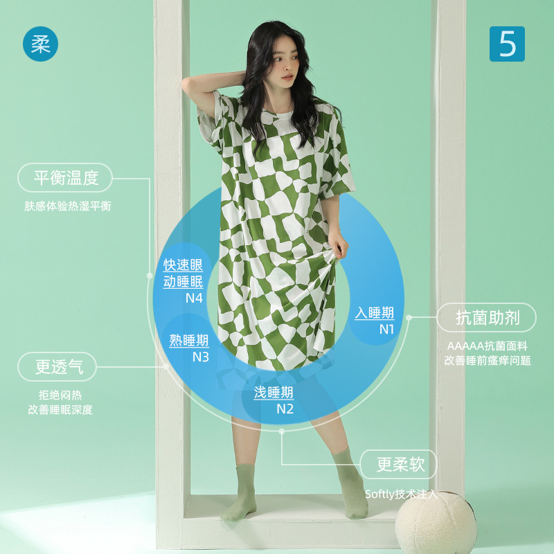 【 Antibacterial Cotton 】 Spring and summer stretched-frame cotton nightwear for women, mid-length skirts, short sleeves, thin pure cotton women's home wear details Picture