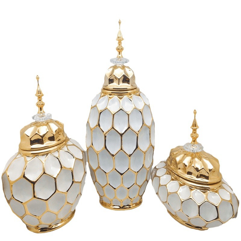 European-style light luxury white gold ceramic general jar, creative storage jar, white gold electroplated storage jar, high-end vase 2, Golden Castle vase Item Picture