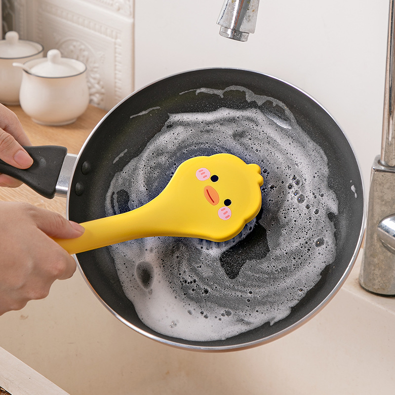 Small Yellow Duck Wash Pot Brush Long Handle Kitchen Household Dish Cleaning Ball Brush Cup Brush Cute Duck Wash Pot Pool Cleaning God Specification drawing