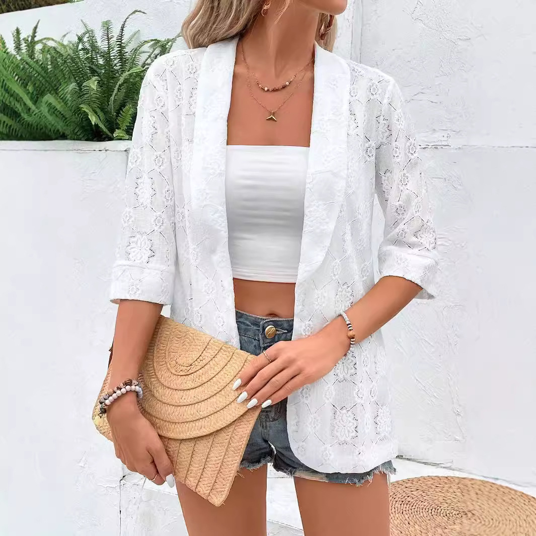 A new elegant solid-color lace 7-inch sleeve lapel casual suit for women in the autumn of 2025 from Europe and America cross-border Specification image