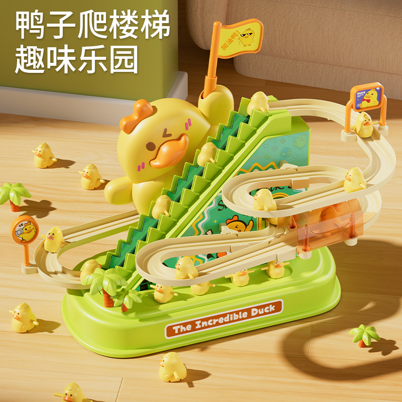 Come on, duck climbing stairs, audio-visual electric yellow duck, rotating slide track toy, baby and children's intelligence wholesale details Picture