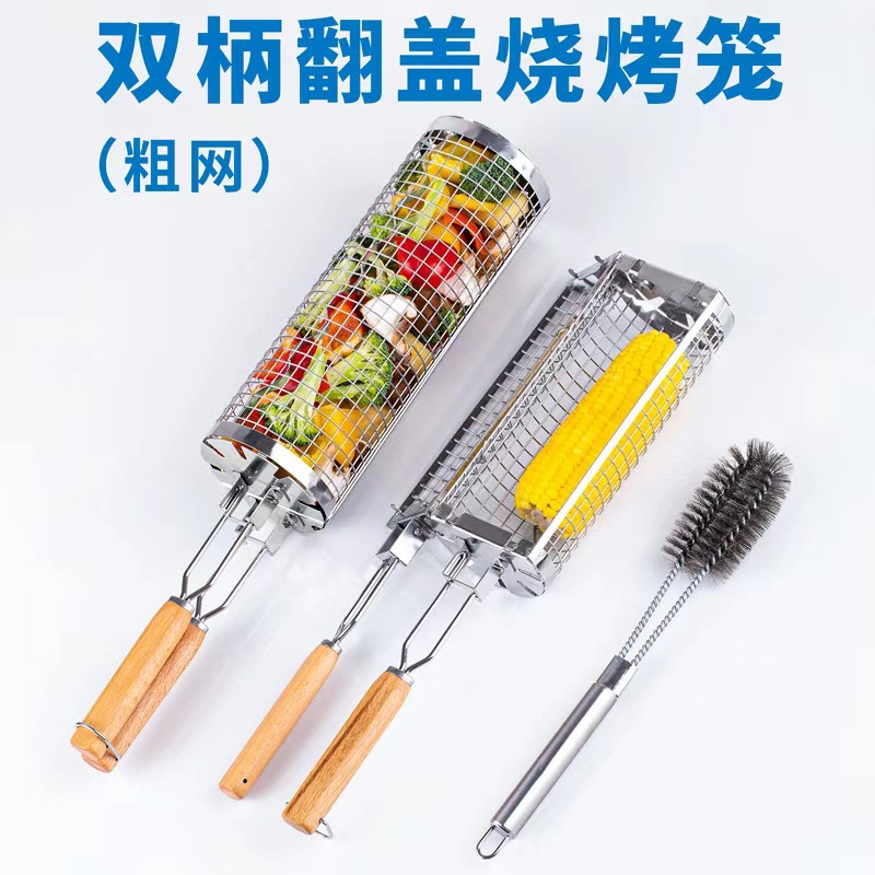 Round stainless steel barbecue cage handle flip cover integrated barbecue cage, outdoor manual rolling barbecue cage details Picture