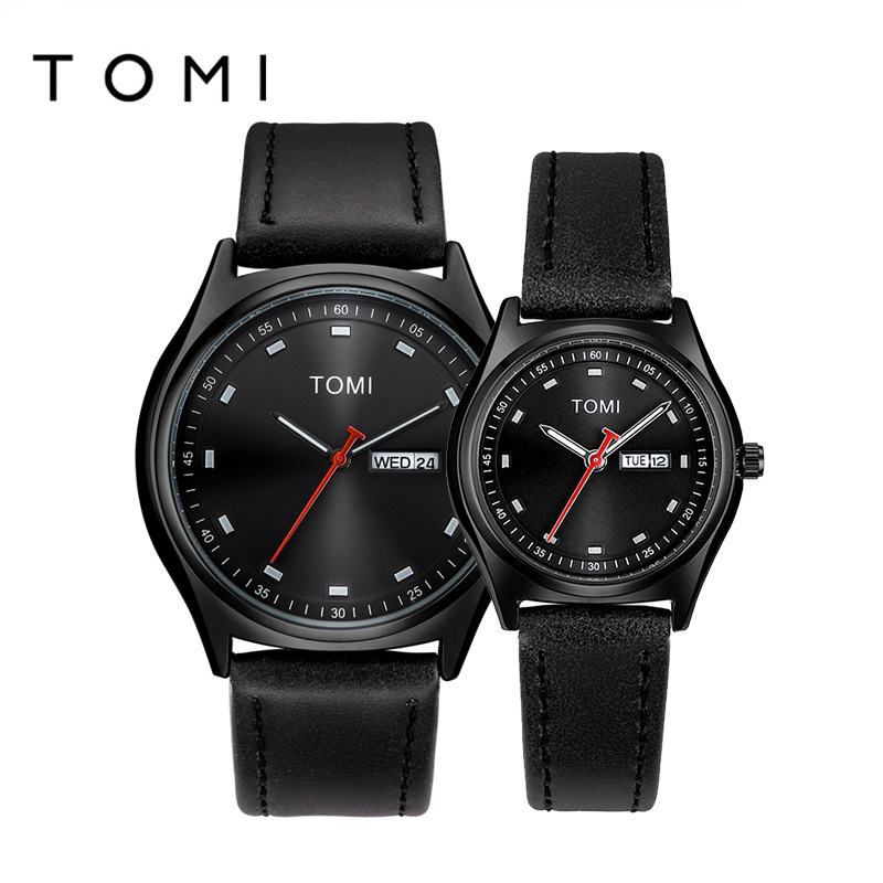 【 Factory Direct Supply 】TOMI Temi Fashionable and Simple Double Calendar Leather Strap Watch Korean version casual fashion couple Watch for men and women