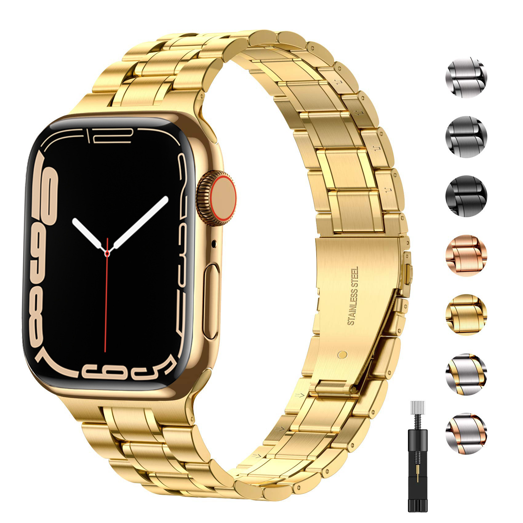 适用苹果apple watch s7不锈钢五珠表带 金属智能iwatch手表表带