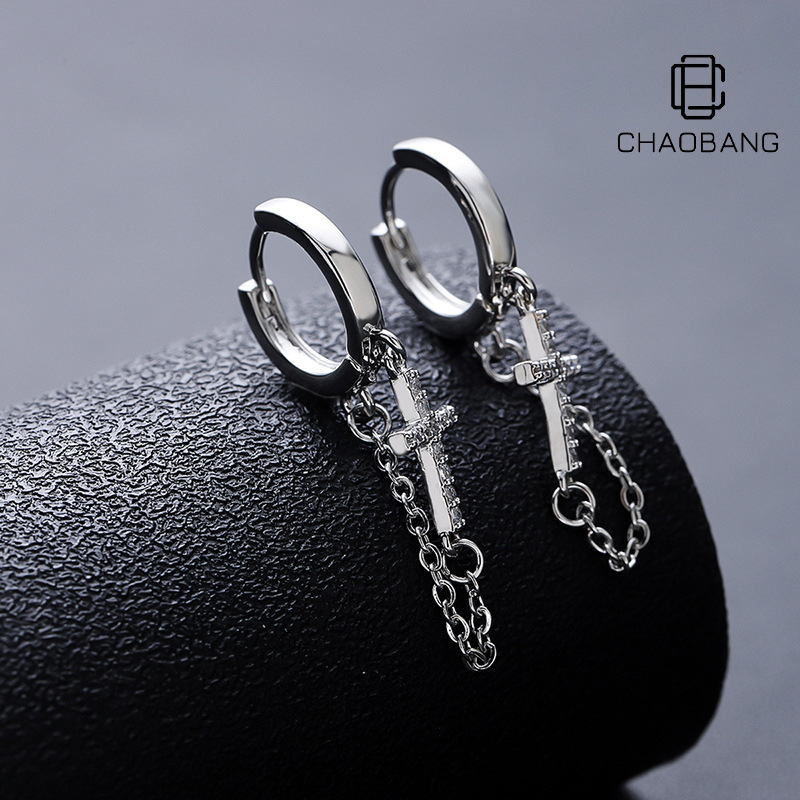 十字架耳环男镶钻流苏高级感百搭嘻哈耳饰女小众简约夏季配饰饰品