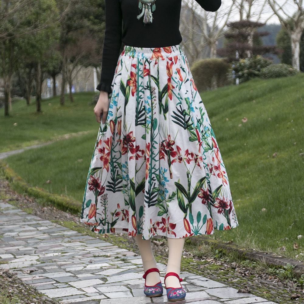 Real 2024 Spring/Summer New Ethnic Style Printed Cotton Linen Skirt In The Long Pleated Skirt With Lining Pockets full figure