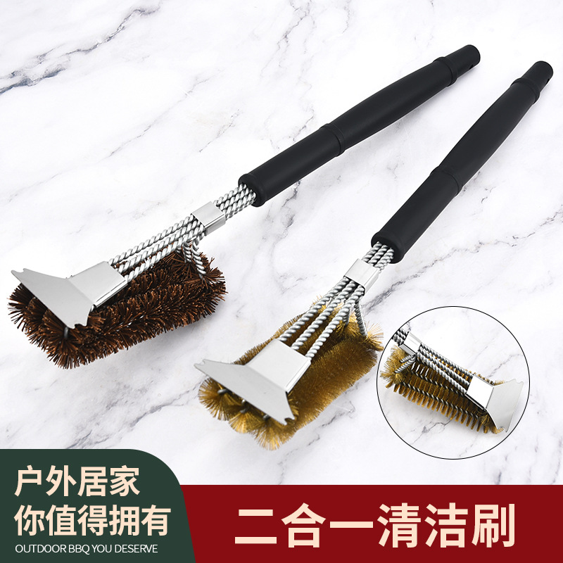 Outdoor barbecue brush with scraper, three-head cleaning wire brush, copper wire brush, oil brush, barbecue grill, grill utensils, grill net cleaning brush details Picture