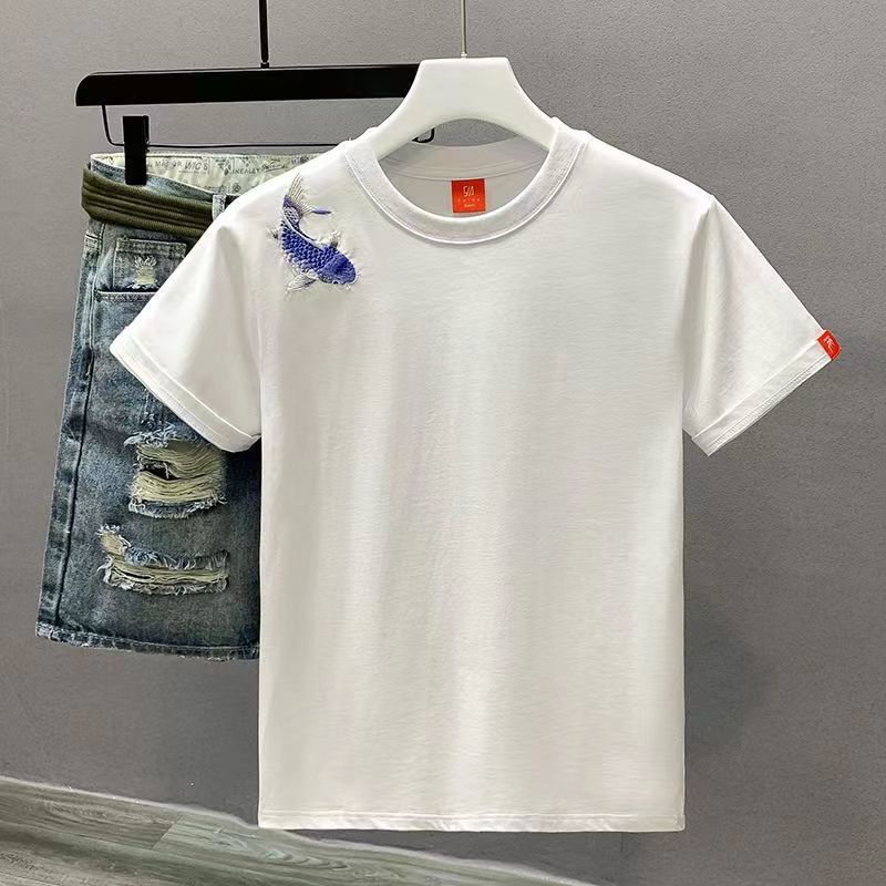 Summer embroidered fish Chinese style 2024 short-sleeved T-shirt for men, trendy men's wear, ins top, casual and loose T-shirt, Chinese style details Picture