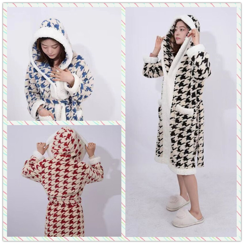 Cross-border warm shawls, women's autumn and winter coral fleece pajamas, thickened and fleece thousand-bird check flannel home wear wholesale details Picture