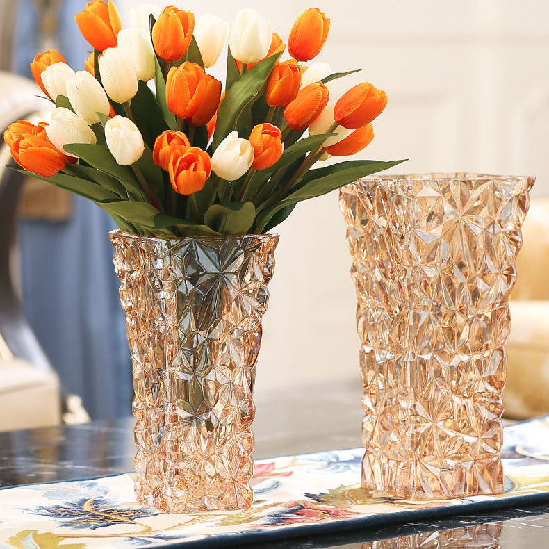 Ice Age glass vase with a square mouth, thick and luxurious, for living room decoration, hydroponic vase, fresh flowers, dried flowers, flower vases and ornaments