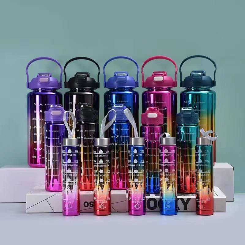 Three Sets Of Cross-Border Large Capacity Sports Plastic Water Cup Gradual Electroplating Spray Paint Large Pot Portable Pot For Men And Women Car Pot