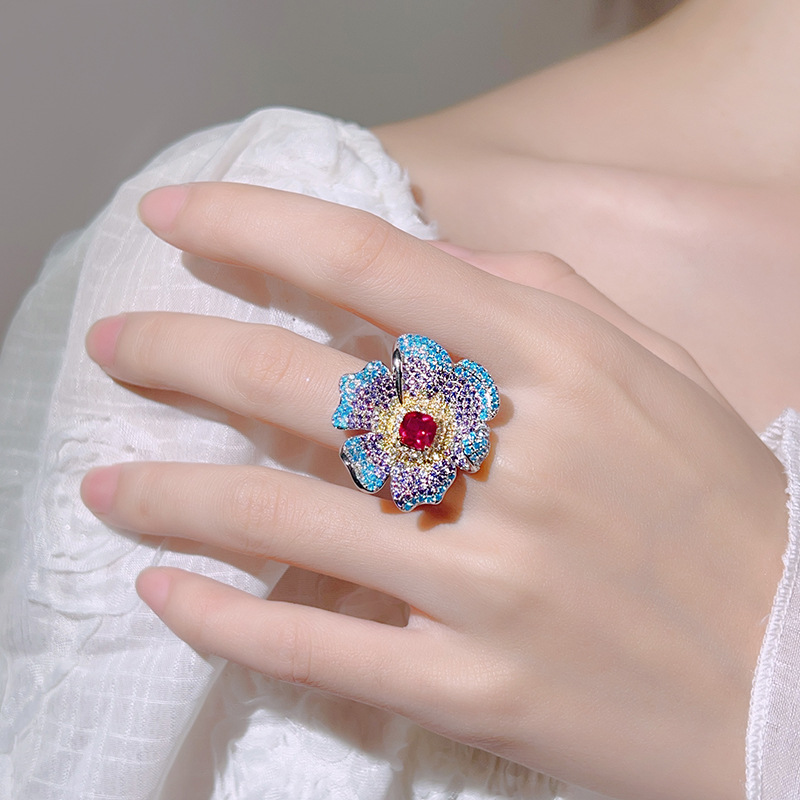 Creative open ring jewelry, red Zircon, Zircon women's fashion, light luxury, niche, versatile, high-end feel wholesale