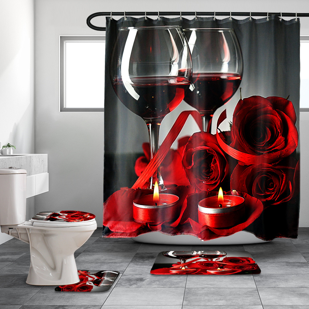 Hot Selling Marble Digital Print Shower Curtain Absorbent Non-Slip U-Shaped Toilet Mat Four-Piece Set Bathroom Four-Piece Set details Picture