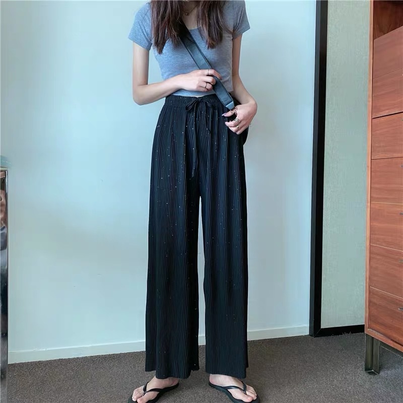 2024 New Chiffon Pleated Ice Silk Starry Sky Shining Broad Leg Pants For Women Spring And Summer Thin Loose Straight Tube Pendant Pants Application Scenario
