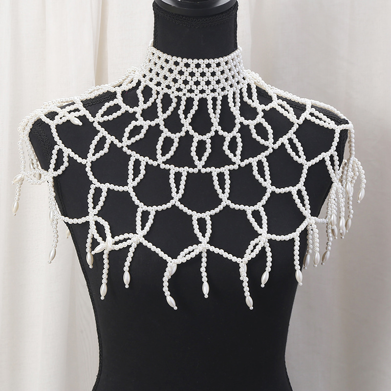 European and American cross-border light luxury retro hollowed-out body chain, hand-woven pearl shawl, teardrop tassel dress accessory