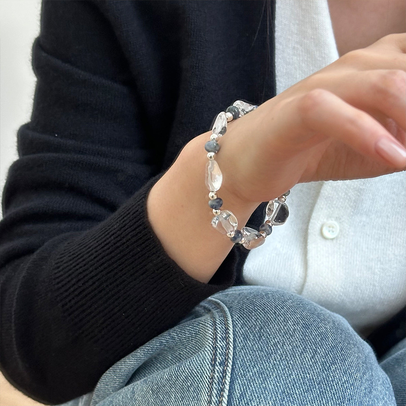 925 sterling silver irregular crystal spotted silver bead bracelet for women, simple handcrafted design, versatile beaded bracelet B3238 details Picture