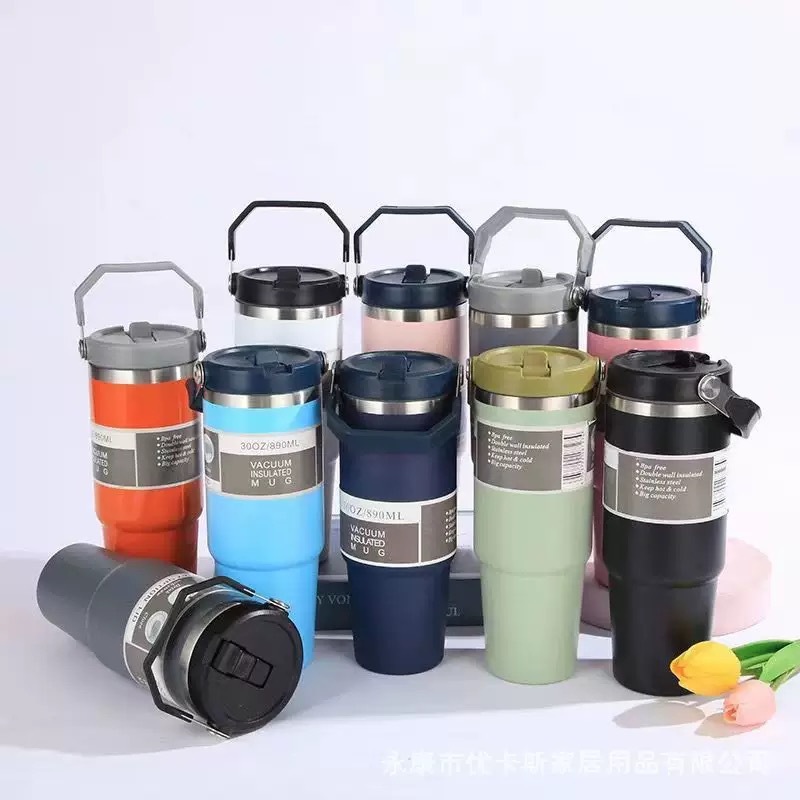 Wading large-capacity handle sports water bottle, double-layer vacuum stainless steel car cup, heat and cold preservation ice cup wholesale details Picture