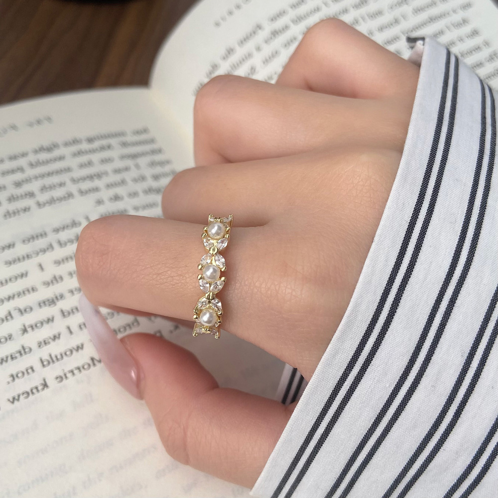 Kimoj's New Ring With Adjustable Opening, A Trendy And Cold Style For Women On Instagram, Zircon Pearl Index Finger Ring, Korean Version Real Gold Electroplated Jewelry