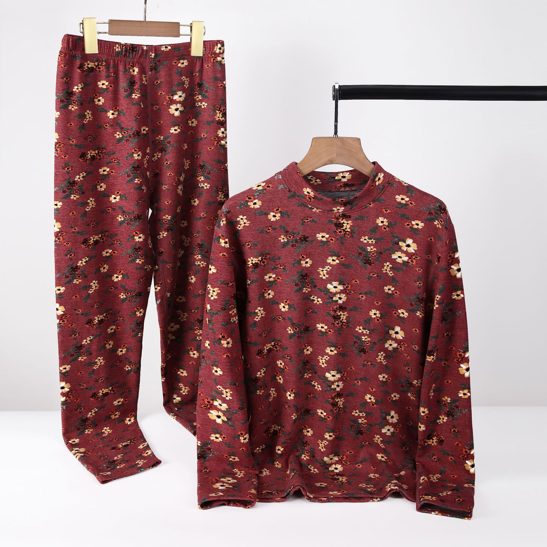 New mid-collar printed warm suit for middle-aged and elderly people, large-sized long Johns and long pants, loose and comfortable, warm mom outfits for autumn and winter