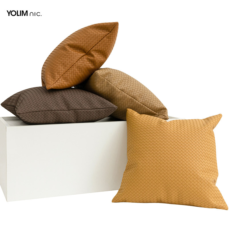 Modern Leather Woven Pillow Cushion Brown Orange Italian Modern Model Room Sofa Pillow Cover Light Luxury details Picture