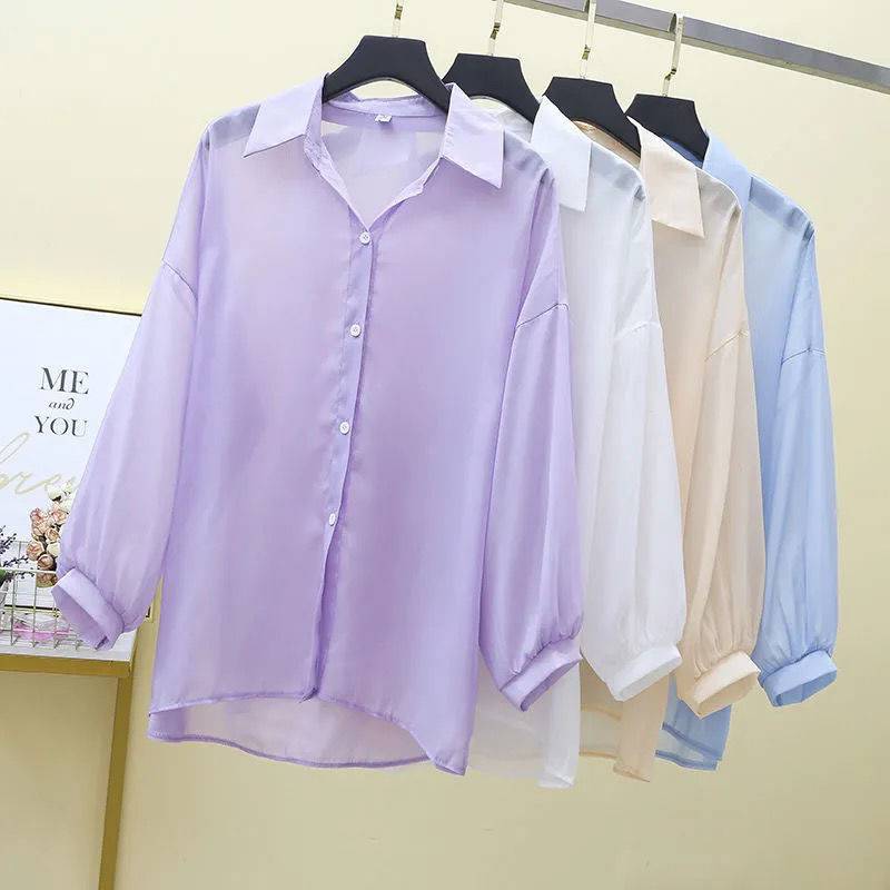 Long-Sleeved Top Women's Thin Summer Chiffon 2023 New Ultra-Thin Cool Breathable Anti-Sunscreen Shirt All Match Temperament details Picture