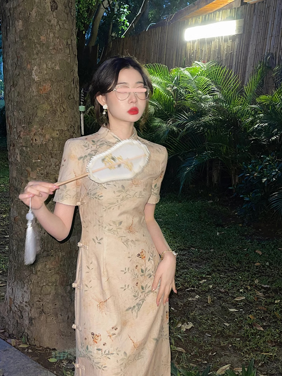 Suomeng [Nanke] New Chinese-style cinched waist chiffon dress for women's summer, new short-sleeved printed improved cheongsam dress Item Picture