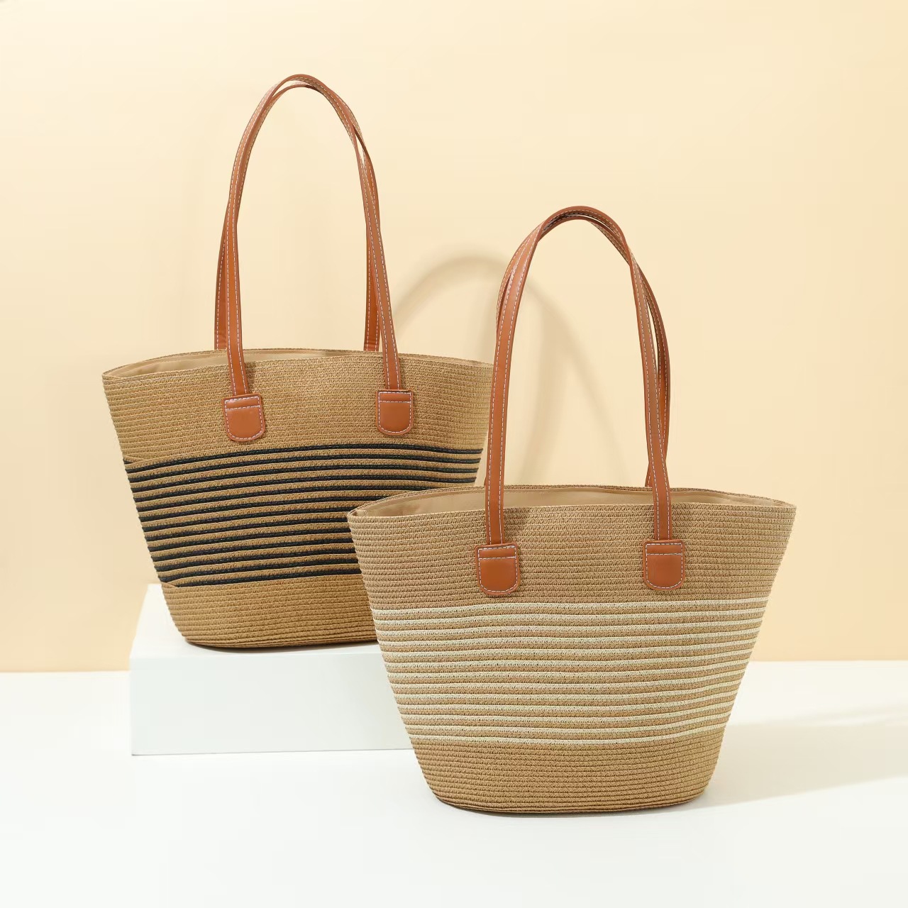 厂家供应大容量编织条纹草编包女夏季百搭外贸跨境手提旅游托特包