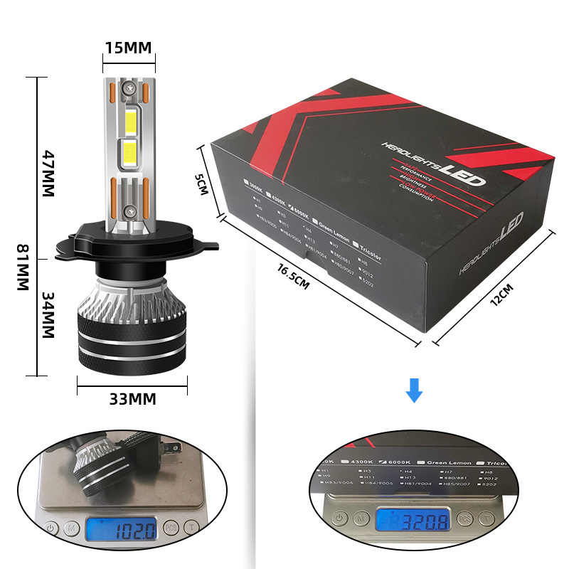 Car Led Headlights Double Copper Tube High-Power Super Bright Head Modification Lights Near And Far Integrated H4 H7 H11 9005 Specification drawing