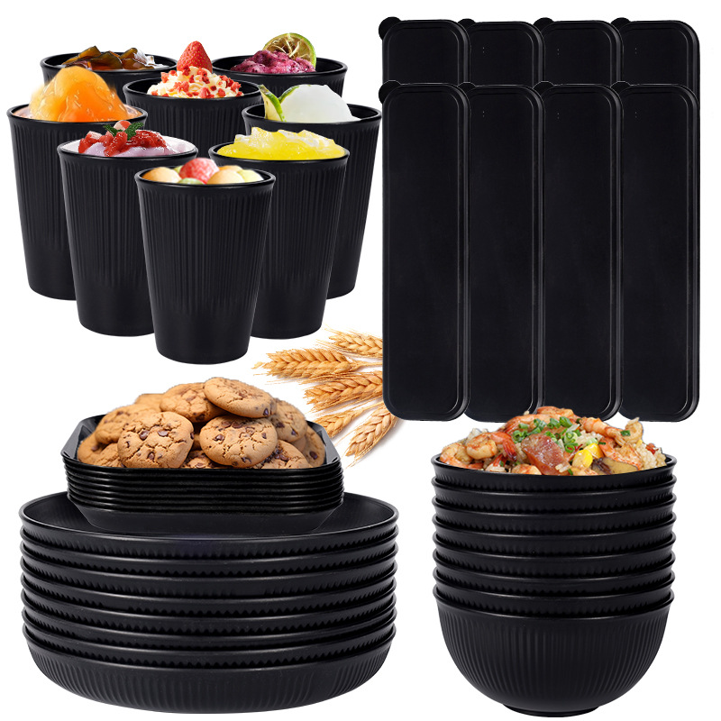 Cross-border Amazon black wheat straw 8-person set of bowls, plates, cups, tableware, knives, forks, spoons, portable tableware, outdoor set Application Scenario
