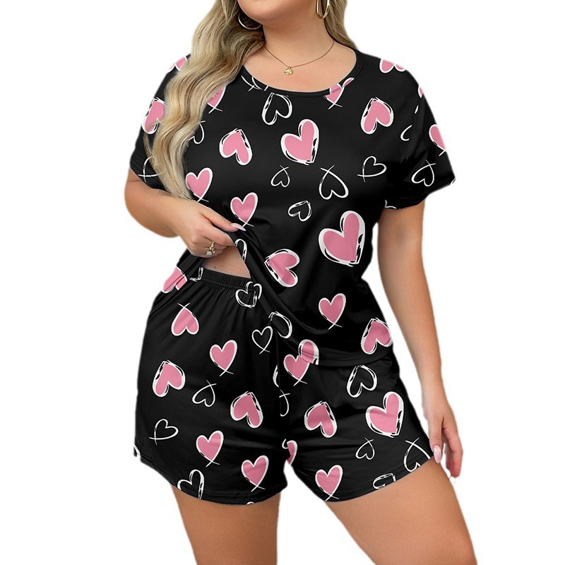 European and American cross-border milk silk heart-shaped printed large-sized home wear short-sleeved set summer new two-piece women's clothing Item Picture