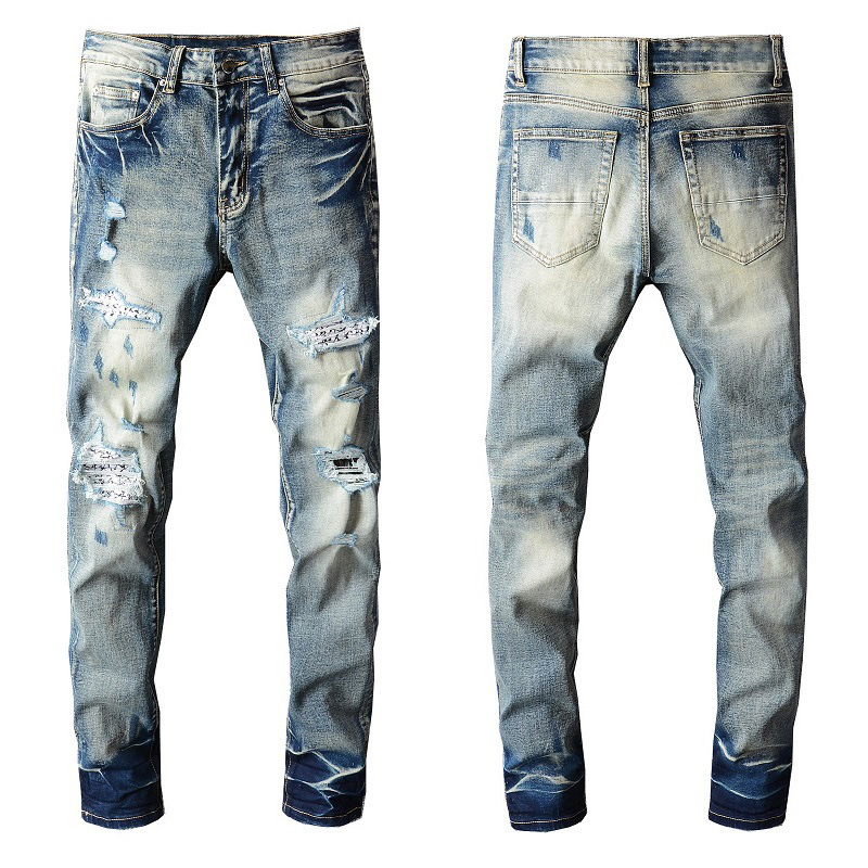 Xiaodan custom-made street trend ripped jeans, American retro stretch ripped jeans, PU black leather patch, slimming for men's small feet Specification drawing