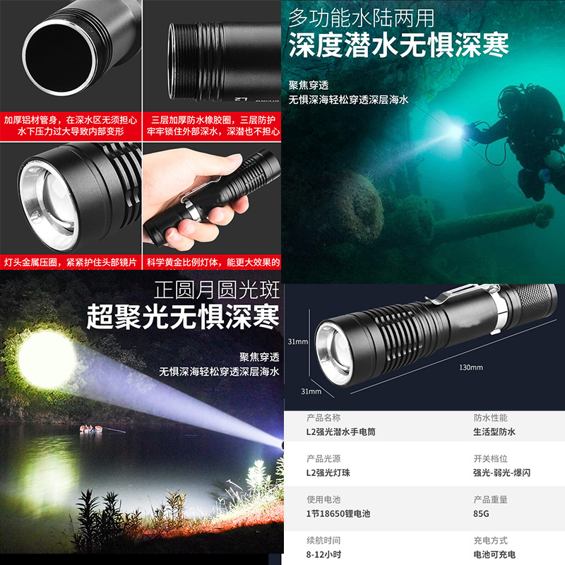 Super Bright Diving Light Strong Flashlight Waterproof Rechargeable Long Endurance Underwater Professional Night Diving Catch Fishing Special Specification drawing