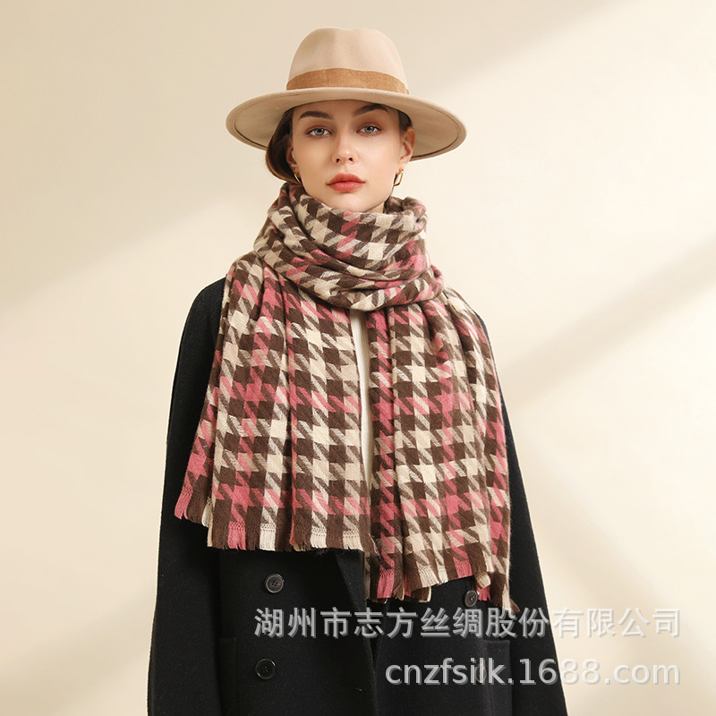 Autumn And Winter New Big Thousand Bird Check Scarf For Women Warm Thick Students Imitation Cashmere Plaid Scarf Jacquard Shawl
