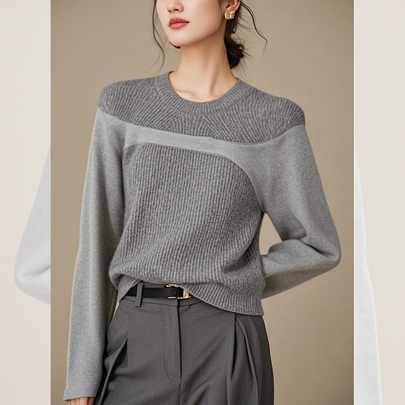 慵懒设计感小众高级感搭配裙子灰色拼接毛衣针织衫女初秋2024新款