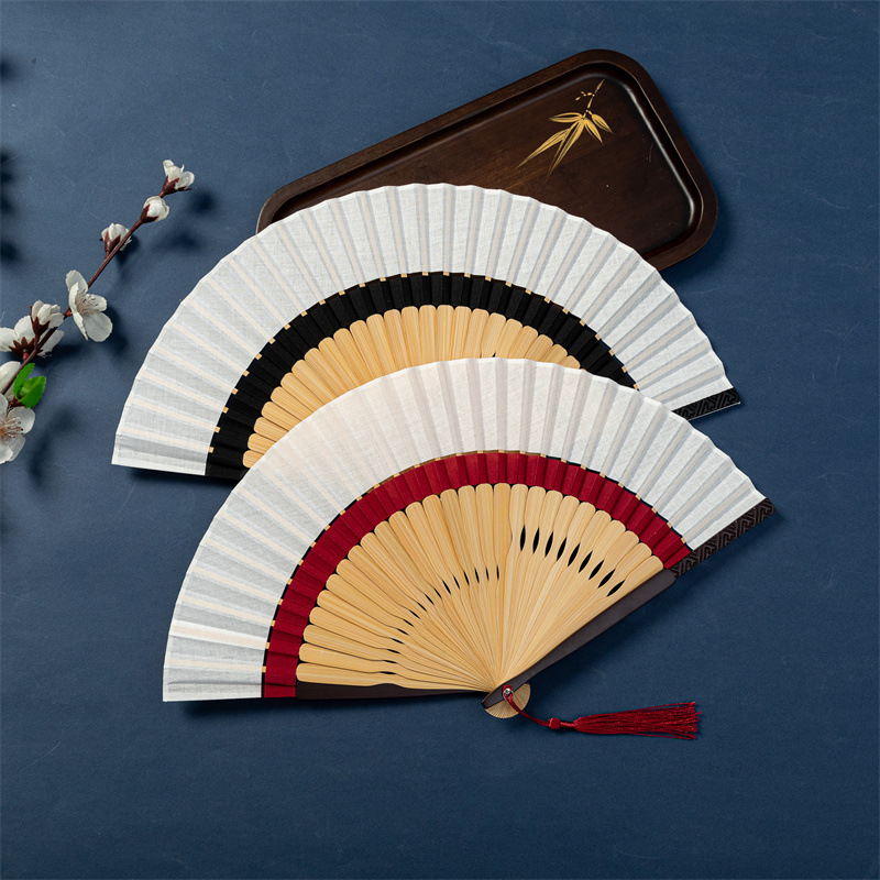 Chinese Wind Cotton Hemp Double Section Solid Color Blank Bamboo Fan 7 Inch Men's And Women's Craft Fan Gift Folding Fan Summer Day details Picture