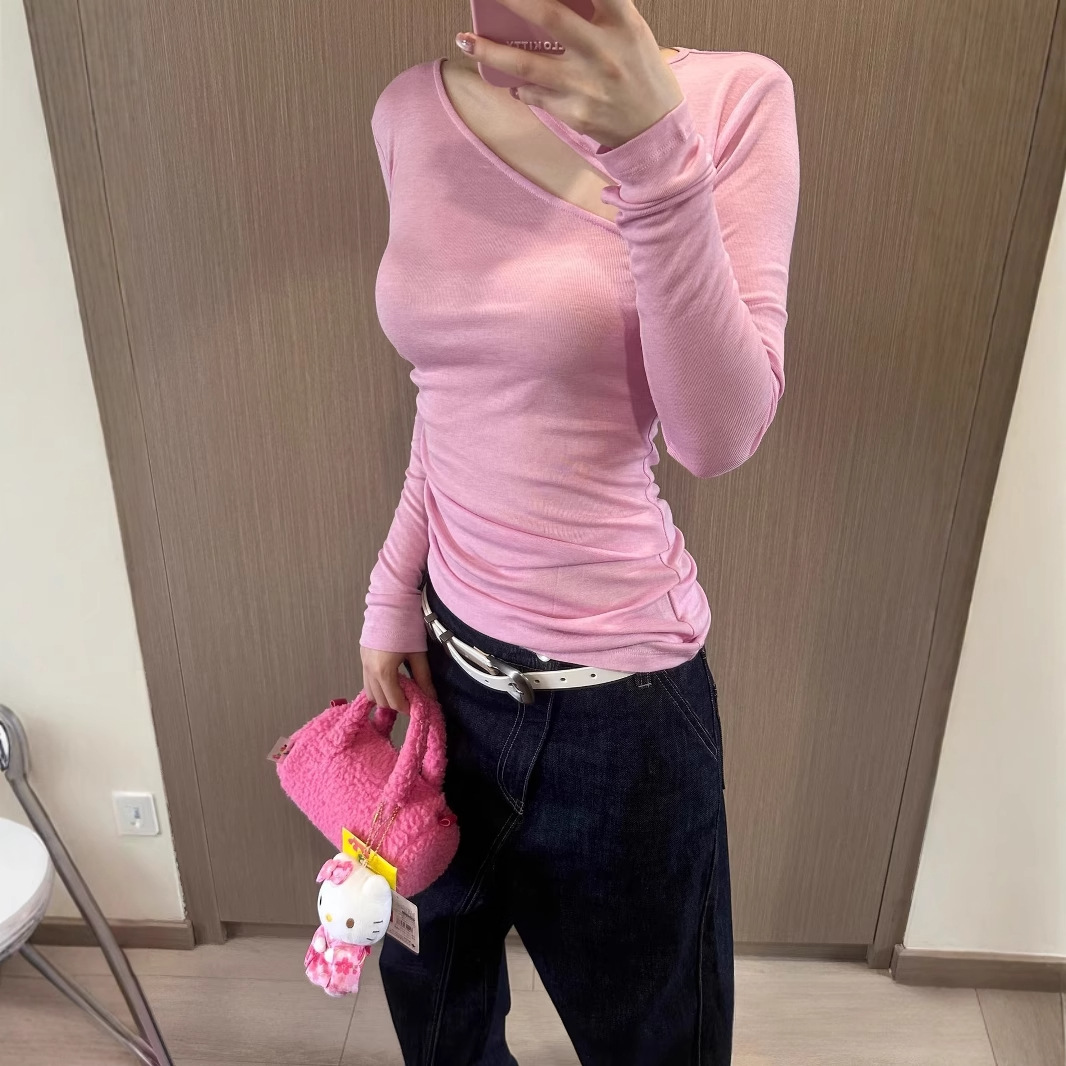 可露丽风微透修身收腰显瘦可拆卸斜肩天丝羊毛上衣女长袖T恤5305