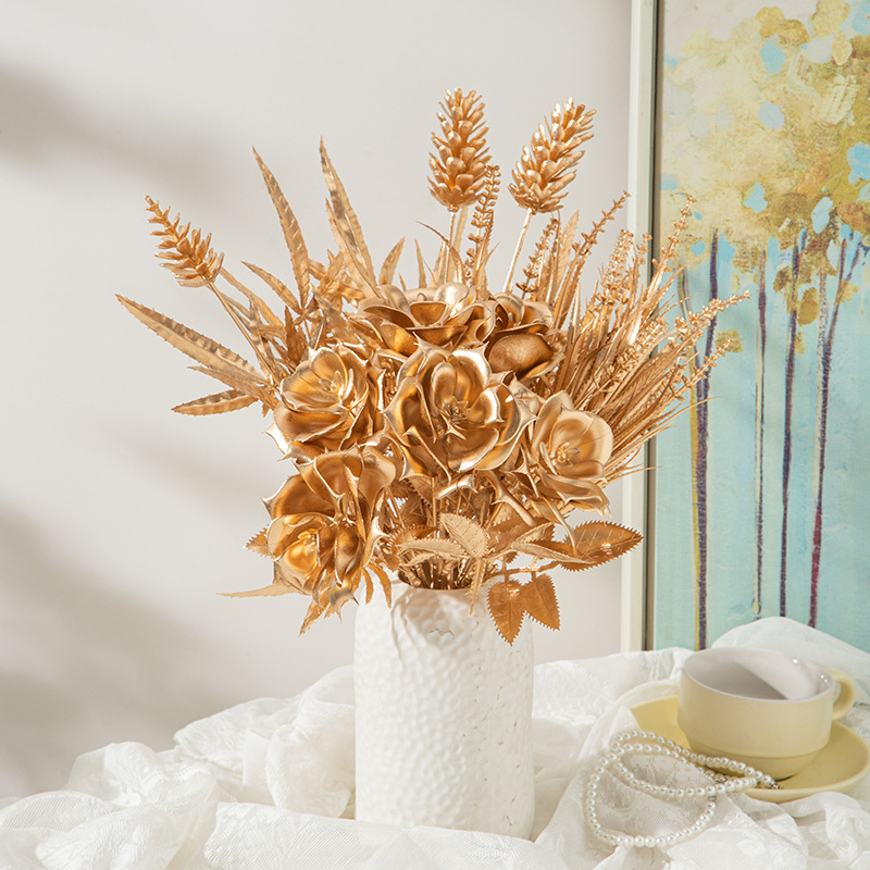 Gold Department Simulation Flower Eucalyptus Ginkgo Leaf Gold Fake Flower Home Decoration Wedding Hall Layout Plastic Flower Wholesale details Picture