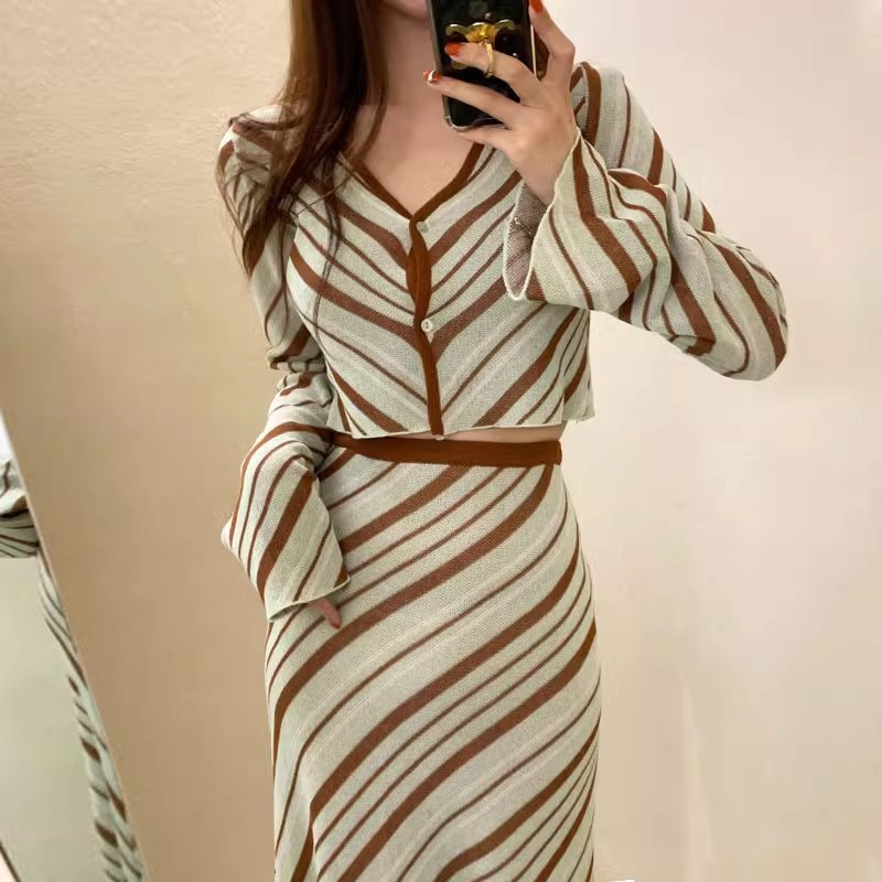 Korean chic gentle V-neck two-button slim short knitted sweater + high waist and hip striped skirt set for women