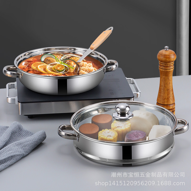 Stainless steel steamer, thickened 28CM, double-ear soup steamer, direct supply from the manufacturer, double-layer soup steamer, household gift pot Specification image