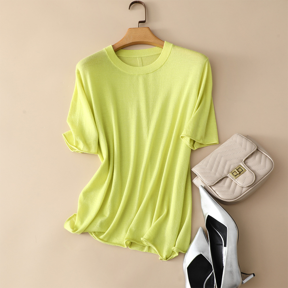 Pinrong 24 Spring/Summer New Women's thin silk cashmere round neck Loose bright color knitted T-shirt Women's sweater details Picture
