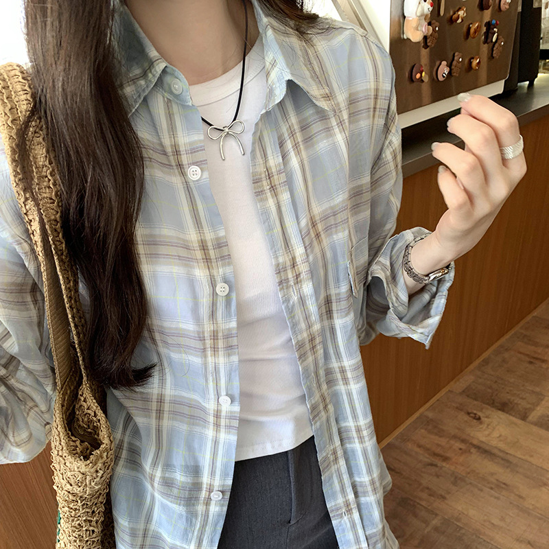 法式设计感小衫蓝色格子防晒衬衫女2024秋季新款女装小清新bm上衣
